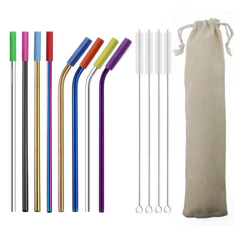 

8PCS Reusable Straw Metal Drinking Straws With Silicone Tip Colorful Stainless Steel Bent Straight Straw 4 Brushes For 20oz 30oz1