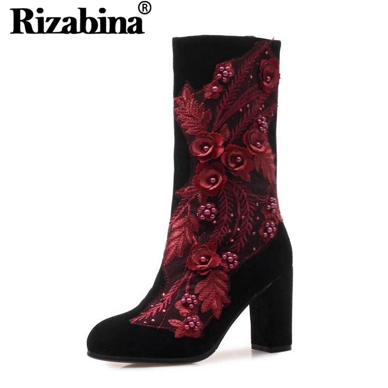 

RIZABINA Women Genuine Leather Half Short Boots Embroidery String Bead Winter Shoes Women Warm Fur High Heel Boots Size 34-43, Black