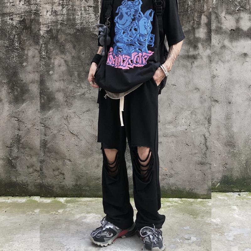 

Summer New South Korean ins Street retro knee knife cut hole loose wide leg pants dark mourning pants trend, Black