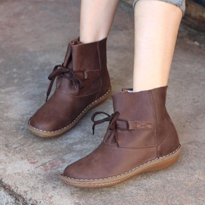 

Women's Boots Genuine Leather Ladies Ankle Boots Rount toe Lace up Rustic Shoes Female Spring/Autumn Footwear (500680-6, Coffee