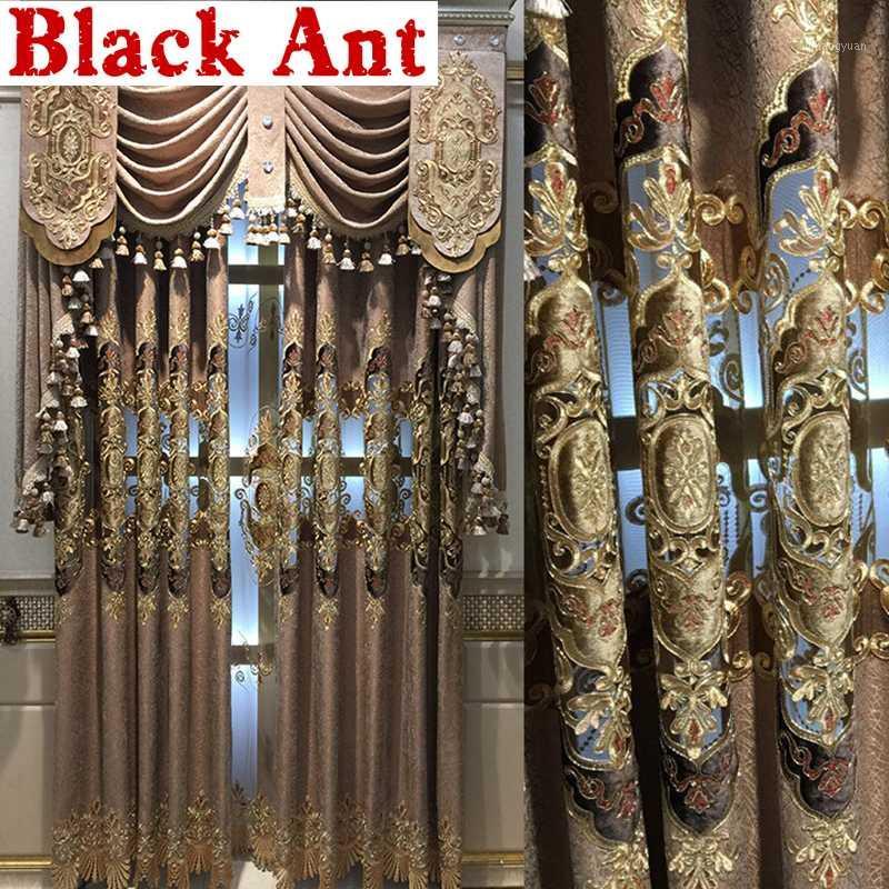 

Europe Luxury Embroidered Curtain Blue Chenille Jacquard Fabric Retro Villa Bedroom Blackout Window Drapes Cortina X764#31, Tulle 02