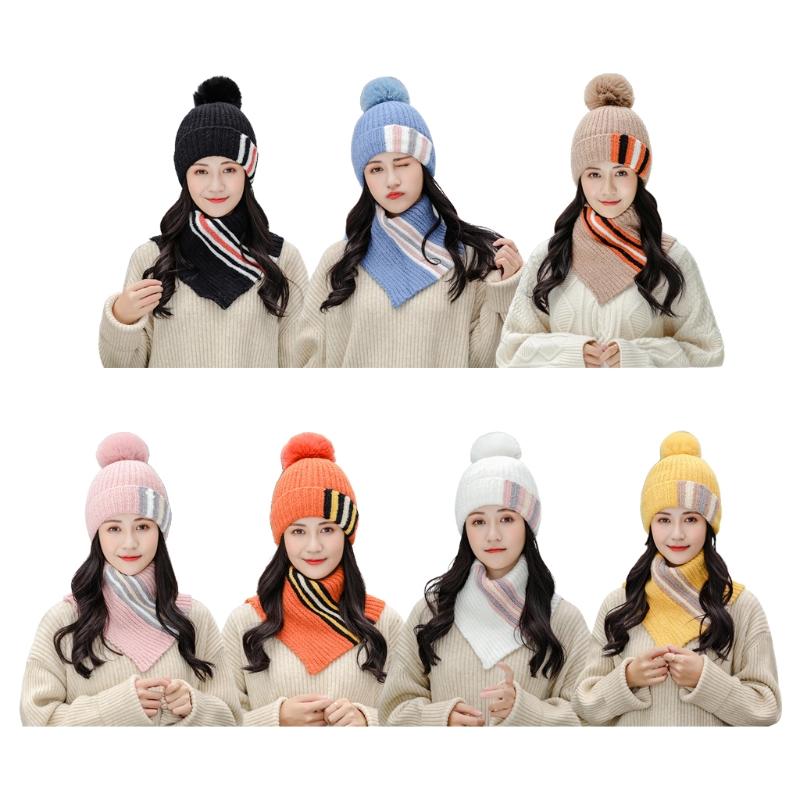 

Women Winter Knit 2Pcs Beanie Hat Turtleneck Collar Circle Scarf Set Contrast Color Striped Plush Lined Pompom Skull Cap