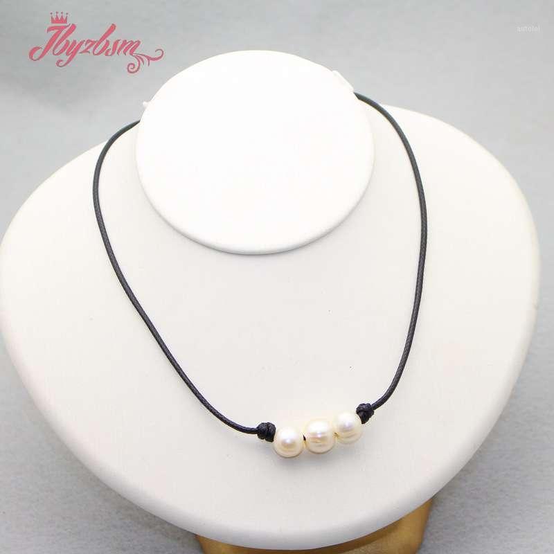 

8-10mm Natural Freshwater Pearl Round Stone Beads Leather Necklace For Women Wedding Christmas Gift Fashion Chokers Necklace 16"1