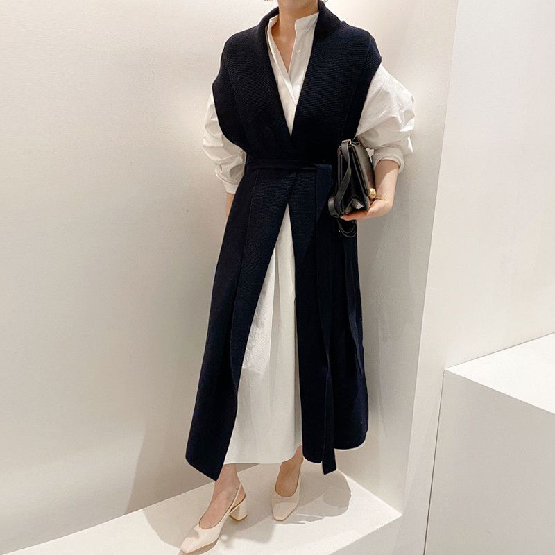 

2021 New Female Chic Style Two Solid Pieces Black Stripes Open Point Vest White Collar Puff Shirt Dress Autumn DU28