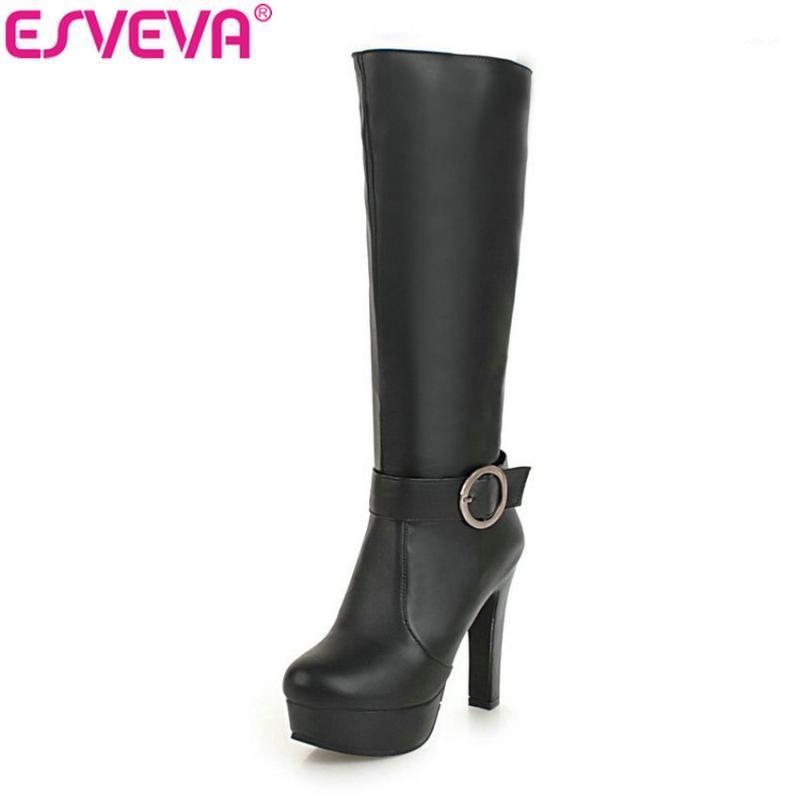 

ESVEVA 2020 Women Knee-high Boots Platform 3.5cm Square High Heels Motorcycle Boots Round Toe Autumn Zip Woman Shoes Size 34-431, Beige