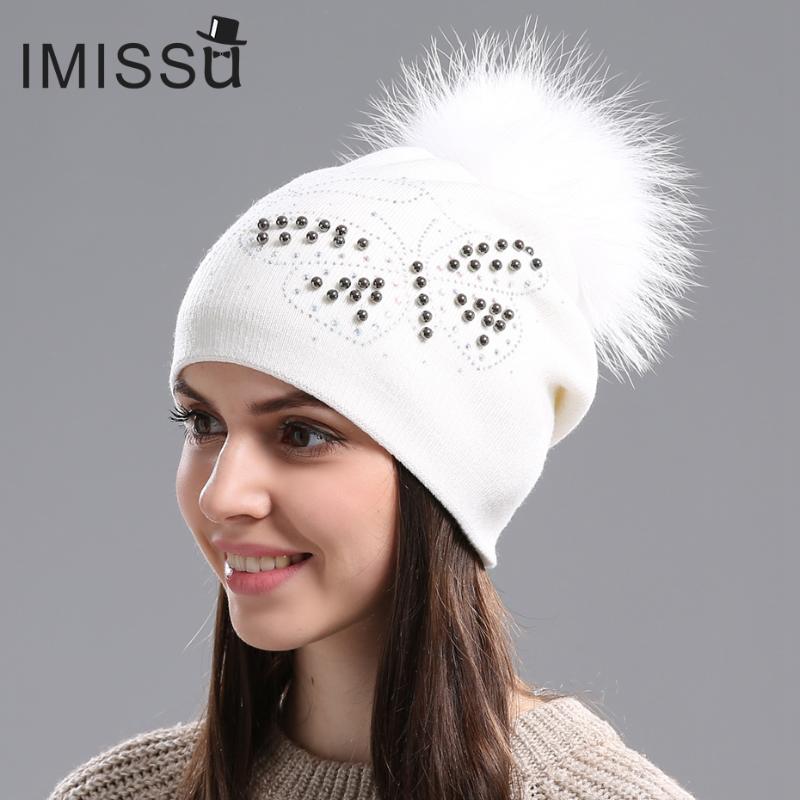 

IMISSU Winter Beanies Hats Knitted Wool Casual Cap with Real Raccoon Fur Pom Pom Gorros Casquette Female Winter Fur Hat, C04n