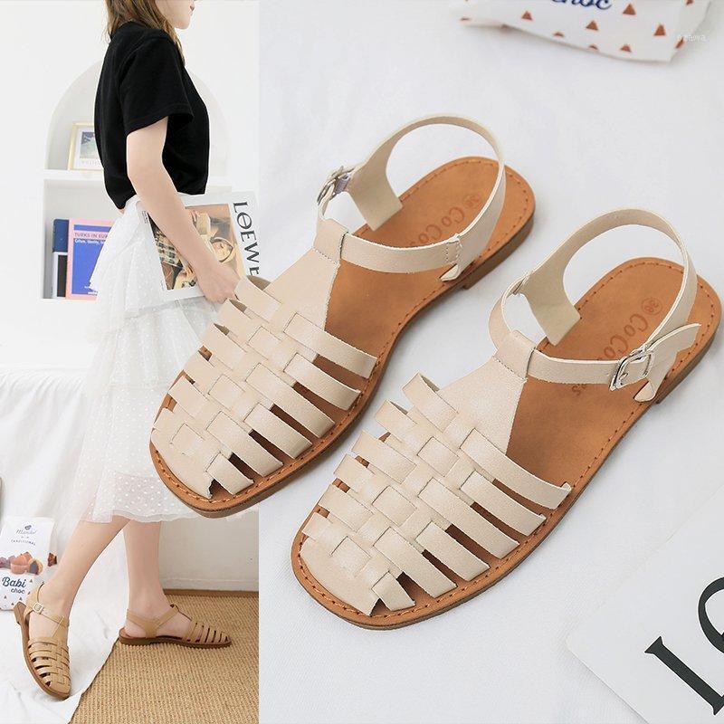 

CINESSD wild woven retro Roman sandals female 2020 summer new casual wild ins trendy women's shoes1, Beige