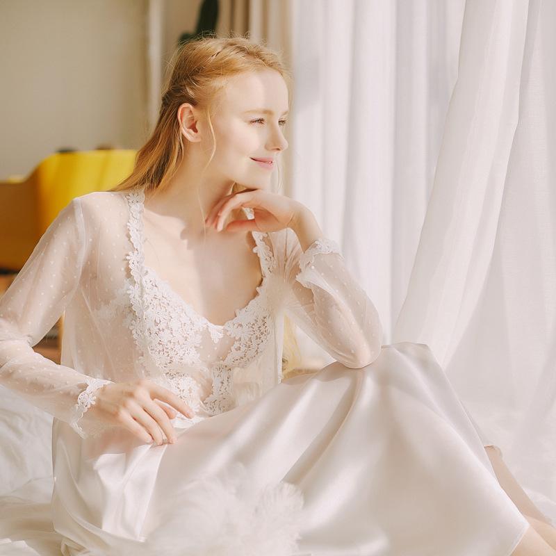 

Lisacmvpnel BRIDE Sexy Lace 1 Pcs Women Robe Long Sleeve Female Night Sleepwear, Black