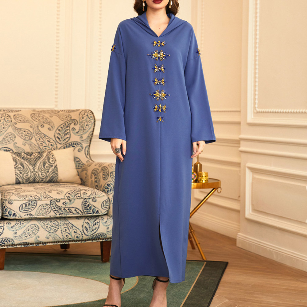 

2021 Middle Eastern Muslim Winter Fashion Casual Temperament Split Hand Brocade with Hoodie Dress Ggie, Blue