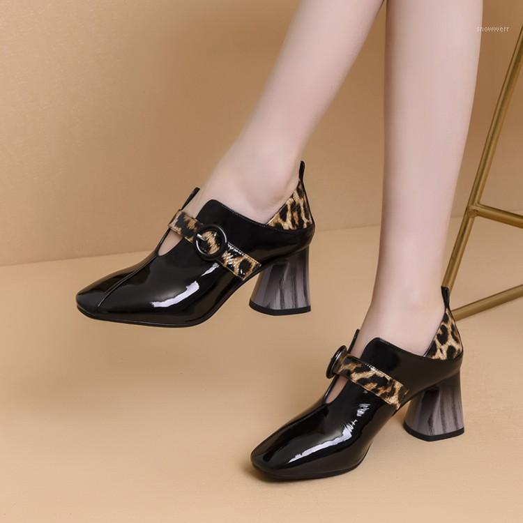 

MLJUESE 2021 women pumps autumn spring cow leather buckle strap square toe brown color high heels lady shoes party dress1, Black