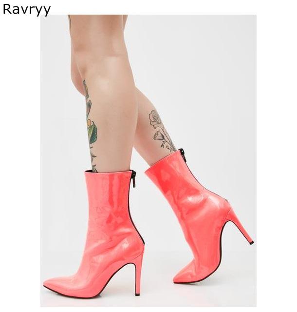 

Tangerine leather Woman Short Boots Fashion Pointed Toe Concise Female Booties Thin heel Model outfit Party Club Show Dress Shoe, As picture