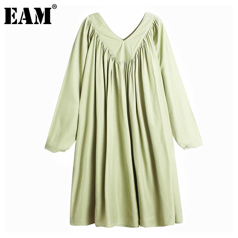 

EAM] Women Green Pleated Split Joint Big Size Dress New V-Neck Long Sleeve Loose Fit Fashion Tide Spring Autumn 2020 1DA139, Black