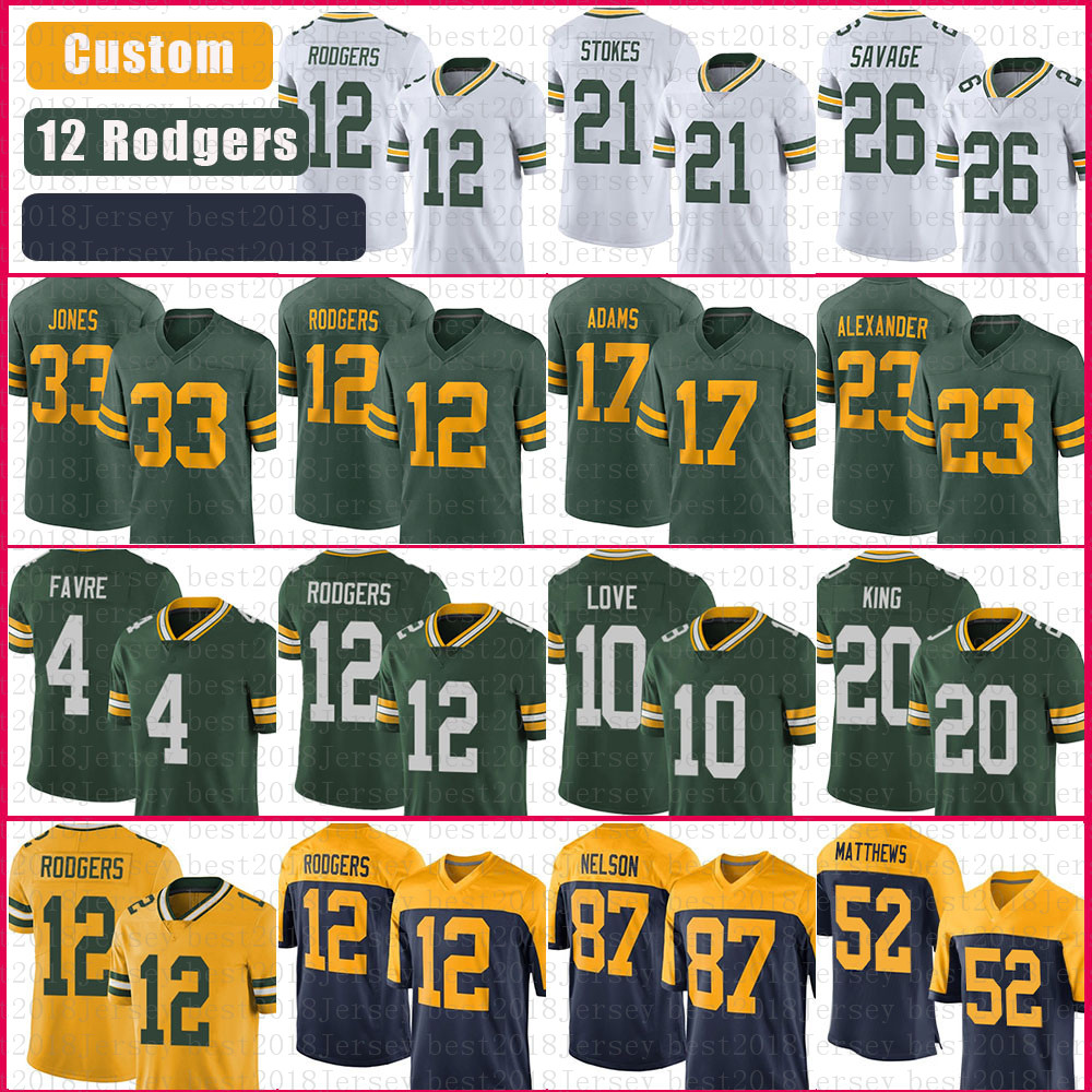 

David Bakhtiari Custom Aaron Rodgers Football Jersey Davante Adams Jones Jaire Alexander Stokes Smith Love Kenny Clark Mason Crosby Brett Favre Reggie White Dillon, Mens jersey(bzg)