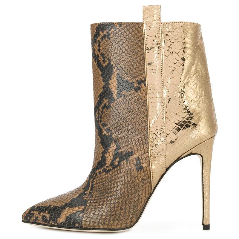 

Lucky2020 Serpentine Pu Fashion Pointed Thin High Heel Short Boots Women's Large Size, Gold