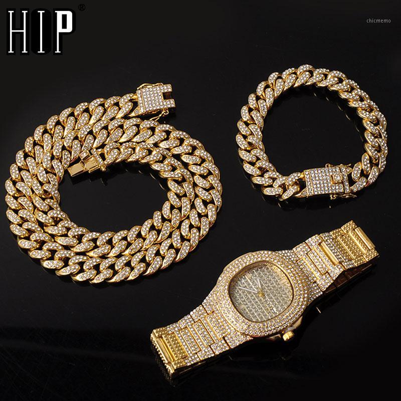 

Necklace +Watch+Bracelet 3pcs kit Hip Hop Miami Curb Cuban Chain Gold Full Iced Out Paved Rhinestones CZ Bling For Men Jewelry1