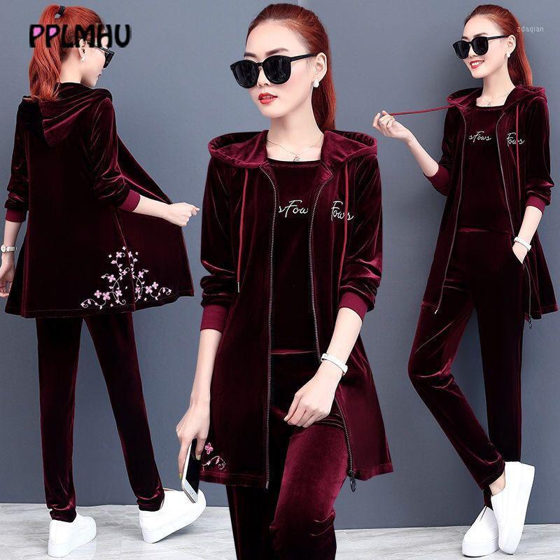 

Embroidered Mid-Length Hooded Zipper Jacket Plus Size 4XL Casual Short Sleeve T-Shirt Solid Pants Velvet 3 Piece Set Women 20201, Black
