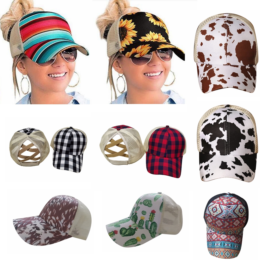 

New Sunflower Ponytail Baseball Cap 16 Styles Criss Cross Washed Cotton Ball Cap Plaid Cactus High Messy Buns Hats DDA551, 16 stylespls remark