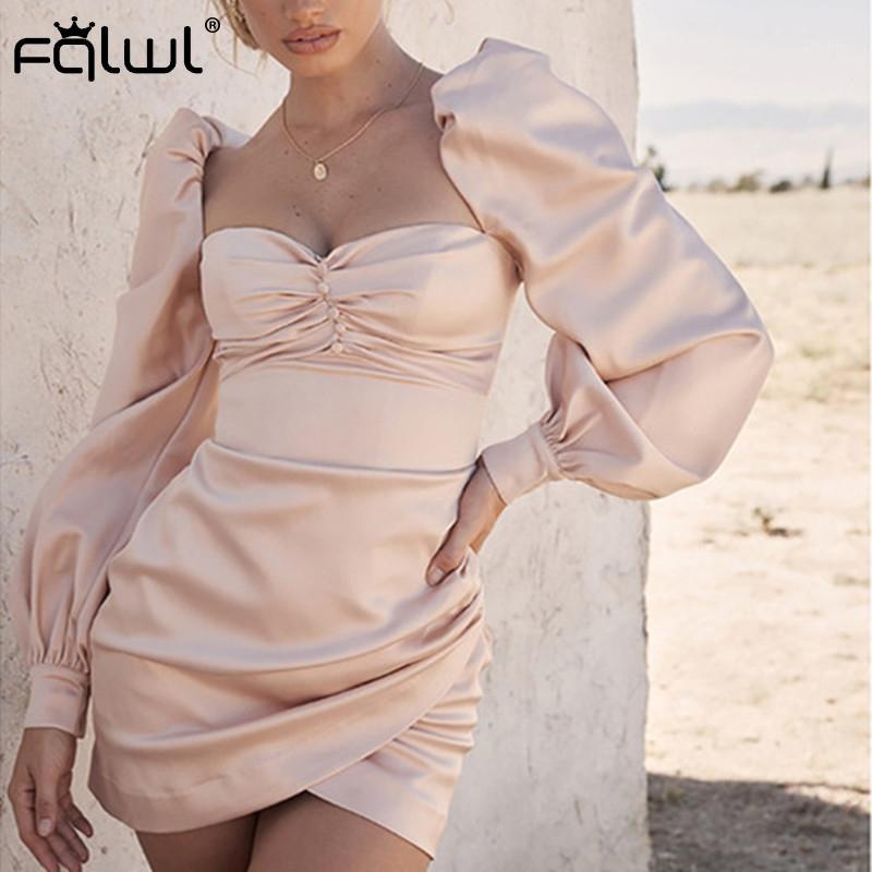 

FQLWL Puff Sleeve Satin Sexy Bodycon Dress Women Pink Pleated Backless Mini Dress Female Autumn Ladies Eleagnt Short Party1
