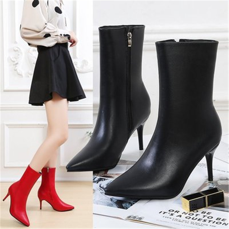 

Autumn 2021 New Winter Fashions Plutonium Leather Sexy Women Thin Toe High Heels Mid Calf Boots Black Zip White Shoes 6JQC, Red