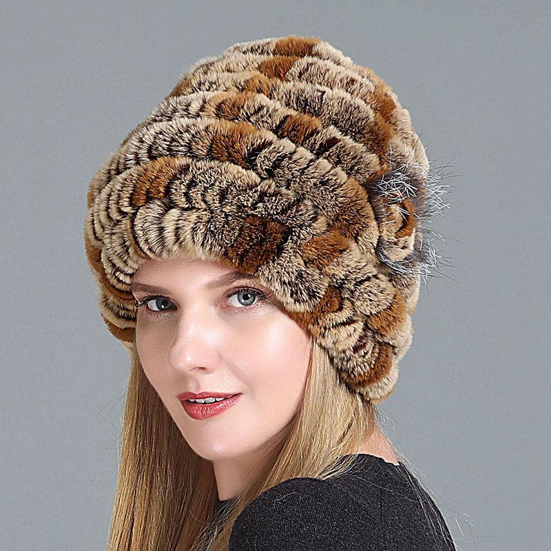 

Russian Winter Real Fur Earflap Hat Women Knitted Genuine Rex Fur Skullies Cap DIY Warm Soft Rex Beanies Caps, Color8