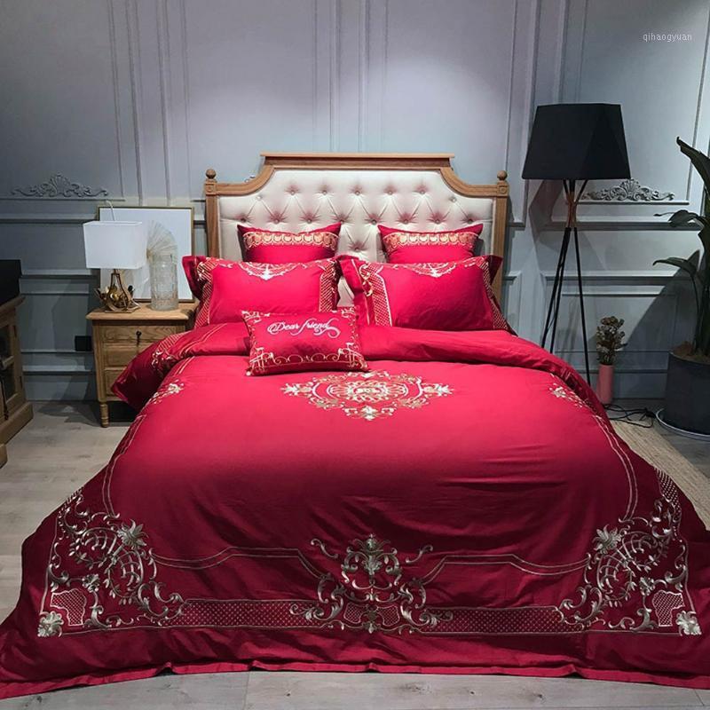 

Svetanya Red Baroque European Satin Egyptian Cotton Bedding Sets Queen King Size Embroidery Duvet Cover Set Sheets Bedlinen1, 20205039