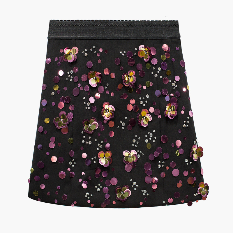 

2020 Heavy Sequins New Three-dimensional Wave Bustle Flower Skirt High Waist P8018 0o04, Black