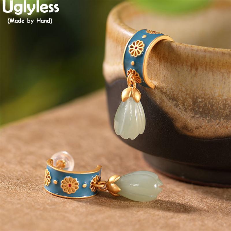 

Uglyless Enamel Daisy Flowers Earrings for Women Elegant Magnolia Jade Earrings Nature Gemstone Brincos 925 Silver Retro Jewelry