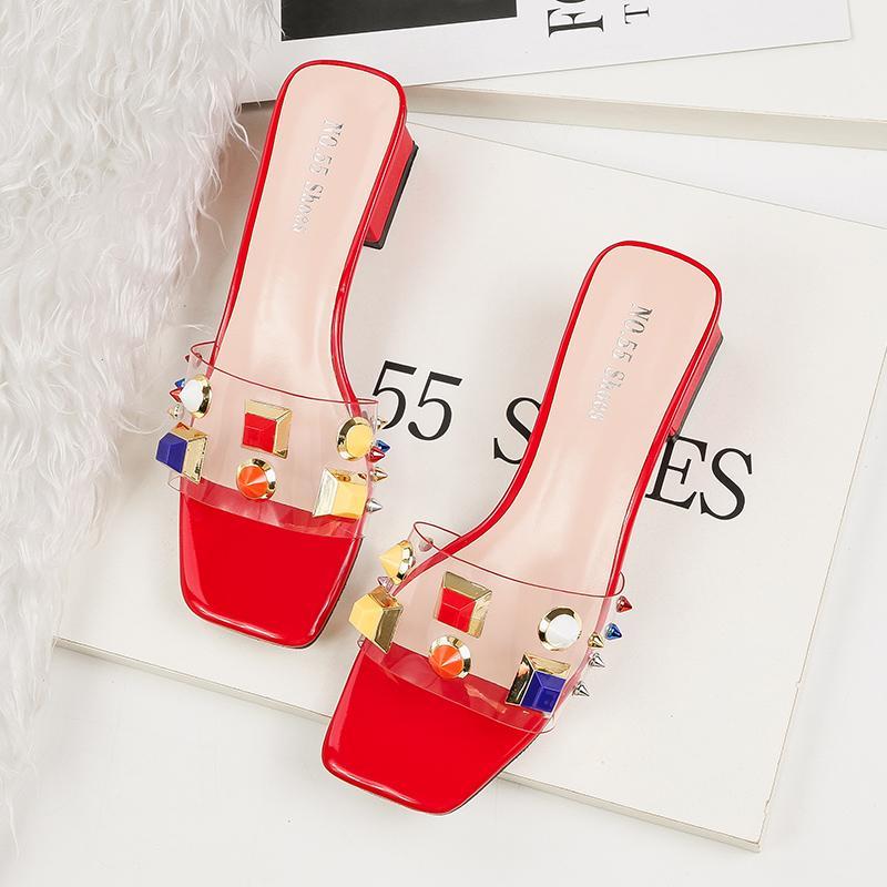 

2020 Most Popular Ladies Transparent Rhinestone Slippers Woman Low Heels Sexy Shoes Female Beach Shoes Red Color JS20041, As picture 5