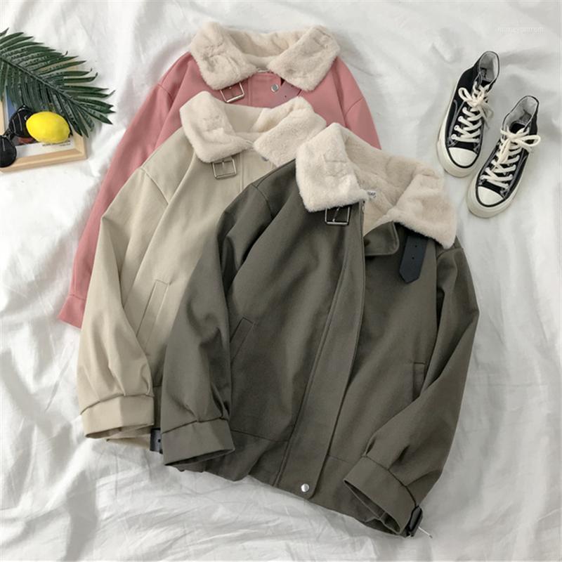 

Short Cotton Parkas Women Winter Fashion New Velvet Thickened Imitation Lamb Wool Bf Loose Tooling Cotton Jacket Tide Outwears1, Gray
