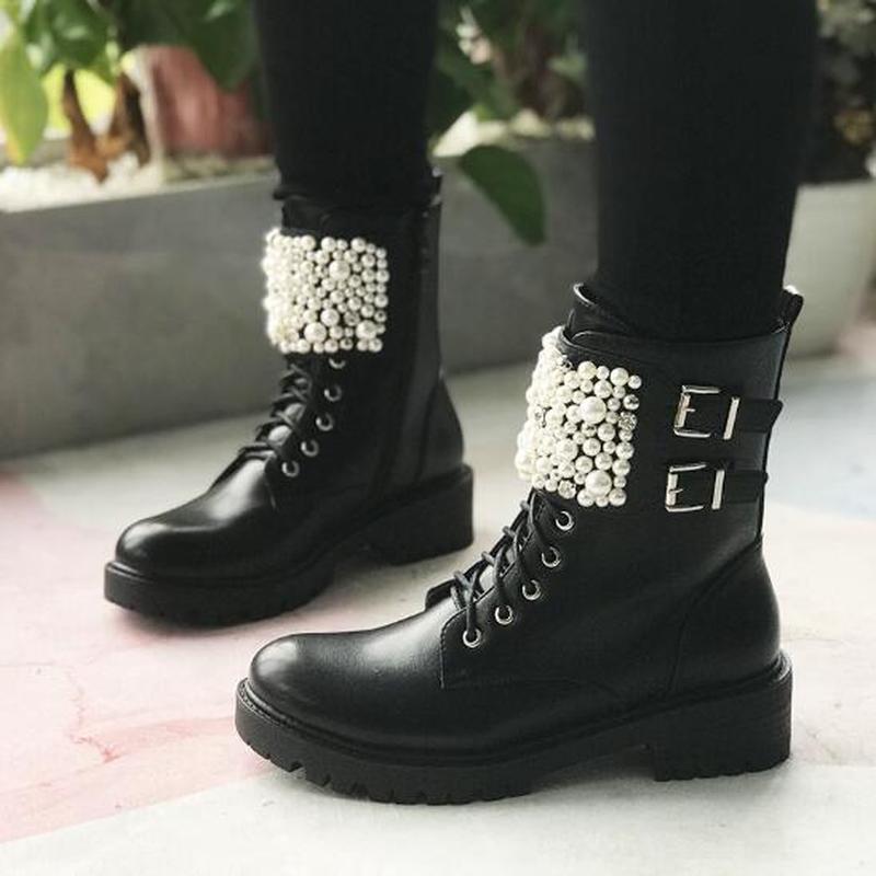 

women ankle boots mid heels matin shoes woman PU leather shiny bling pearls warm shoe chaussures femme zapatos mujer sapatoD2385, Black