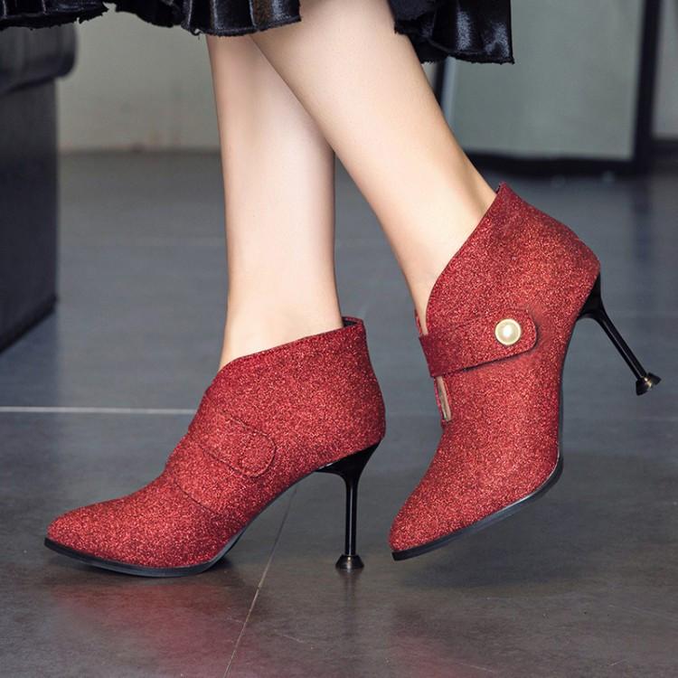 

PXELENA Sequined Bride Wedding Boots Gold Red Purple Women Ankle Boots Strange Stiletto High Heels Lady Shoes Beads 2020 Winter, Black