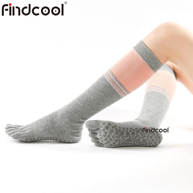 

Findcool Five Finger Knee High Socks Women Recovery Stockings Non-slip Thigh High Five Toes Socks, Blackgrey-closed toe