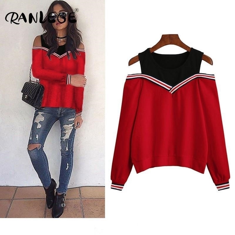 

RANLEGE Sexy Off Shoulder T Shirt Women Autumn Long Sleeve Striped Patchwork Tshirt O Neck Fake Two Pieces Top Tee Camiseta 201028, Red