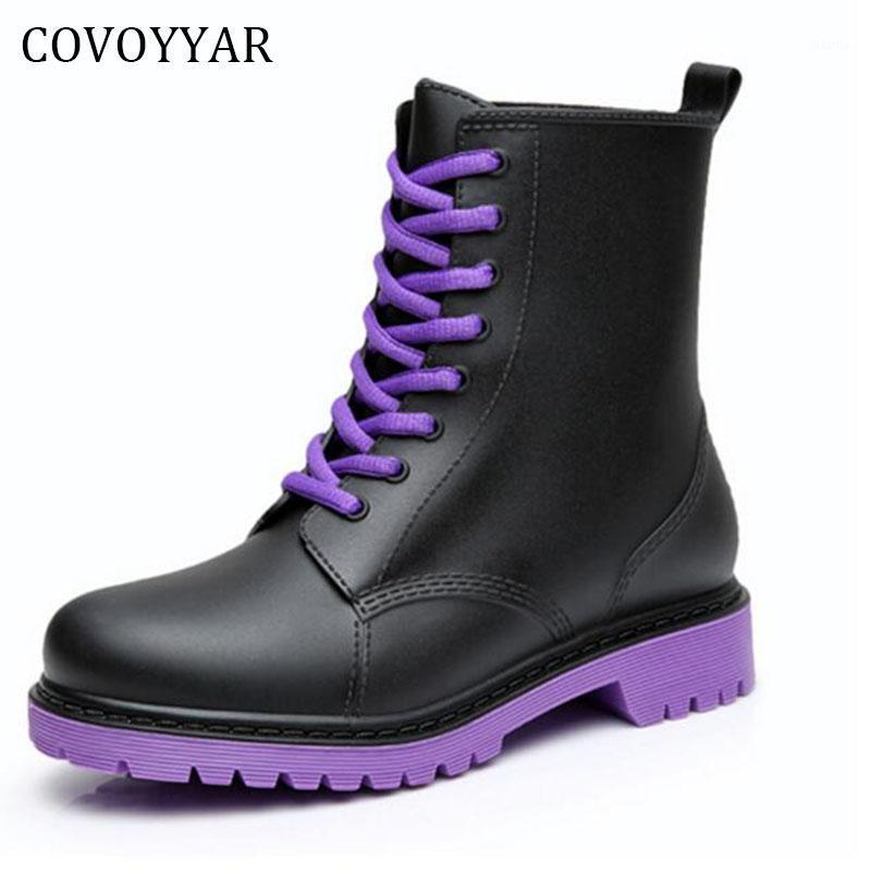 

COVOYYAR 2020 Fashion Waterproof Rain Boots Spring Ankle Boots Woman Low Thick Heel Lace Up Rainy Women Shoes Size 41 WBS2601, Black