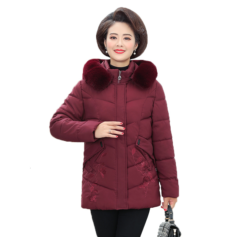 

Older Middle-aged Coat 2021 Winter Casual Fashion Jackets Embroidered Parka Down Cotton Outerwear Plus Size R531 Hx97, Red wine