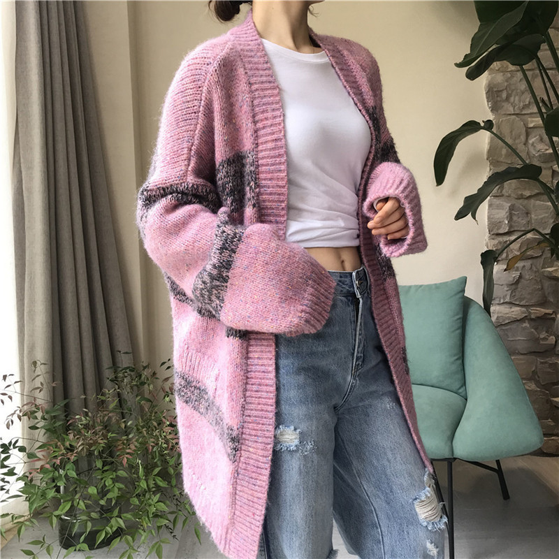 

2021 New Women Oversized Mesh Cardigan Winter High Street Thick Stripe Loose Fashion Shirt Designer Long Sleeves Jumpers UAPU, Pink