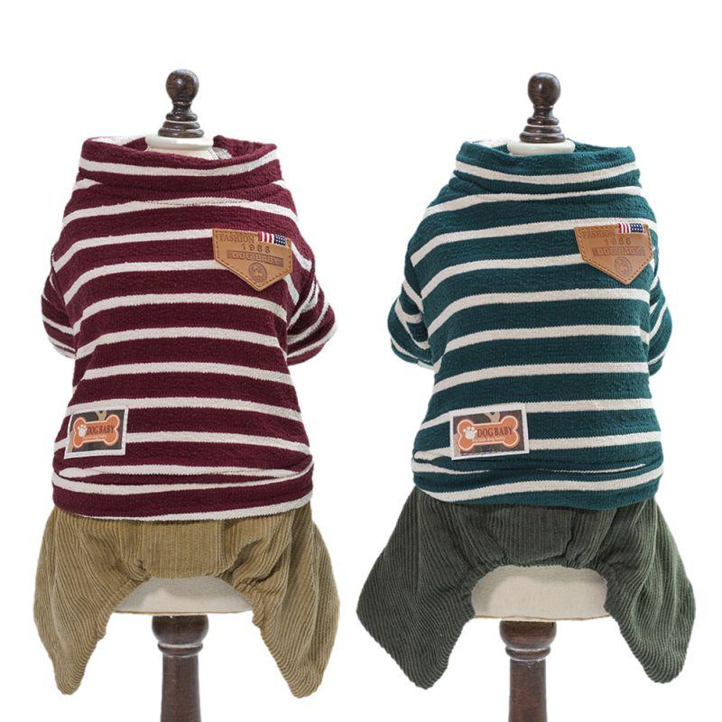 

Winter Pet Four Legs Striped Dog Jumpsuit Clothes Warm Jacket pants thick clothing for Puppy Dog Cats Chihuahua, Green