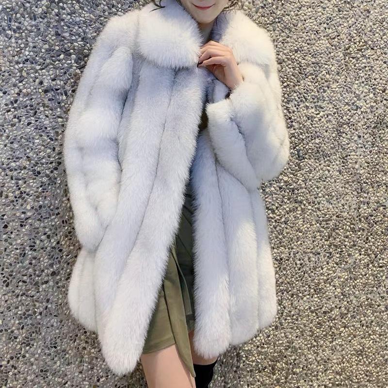 

75cm Long Blue Fur Coat Turn Down Collar Coats Cloak Outwear Parka Garment Overcoat Topcoat Vertical Striped, Nature white