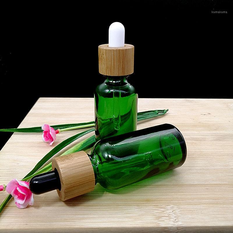 

green glass dropper essential oil bottle pipette bottles cosmetic packaging with eco friendly bamboo cap wood lid 5/10/15/30ml1