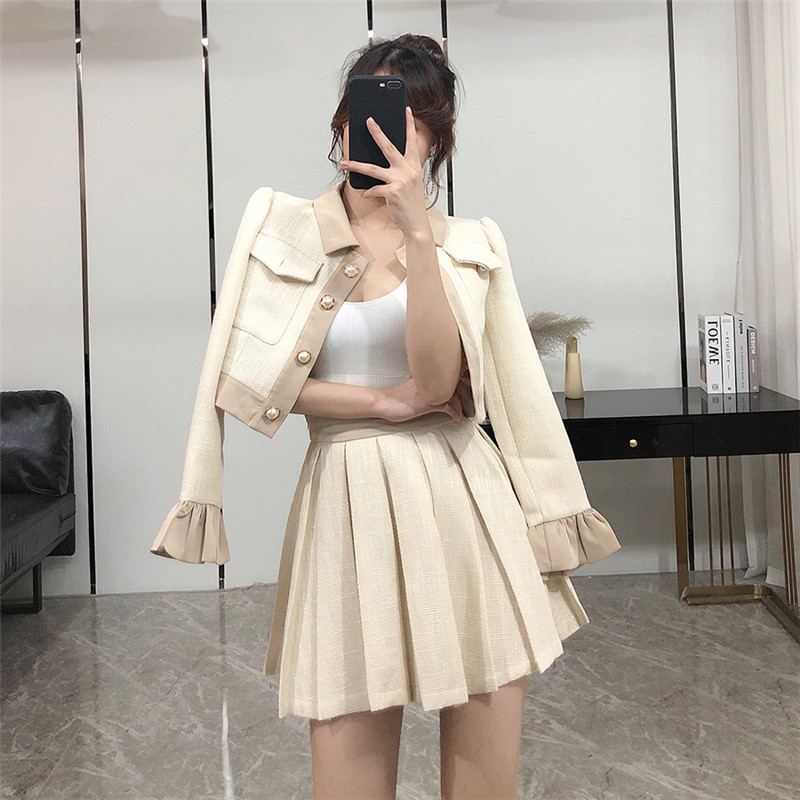 

2021 New Elegant Korean Ladies 2 Piece Pearl Bundles Short Jacket High Waist Skirt Plied Vintage Autumn Sets Two Clothes 1G2Z, Haji