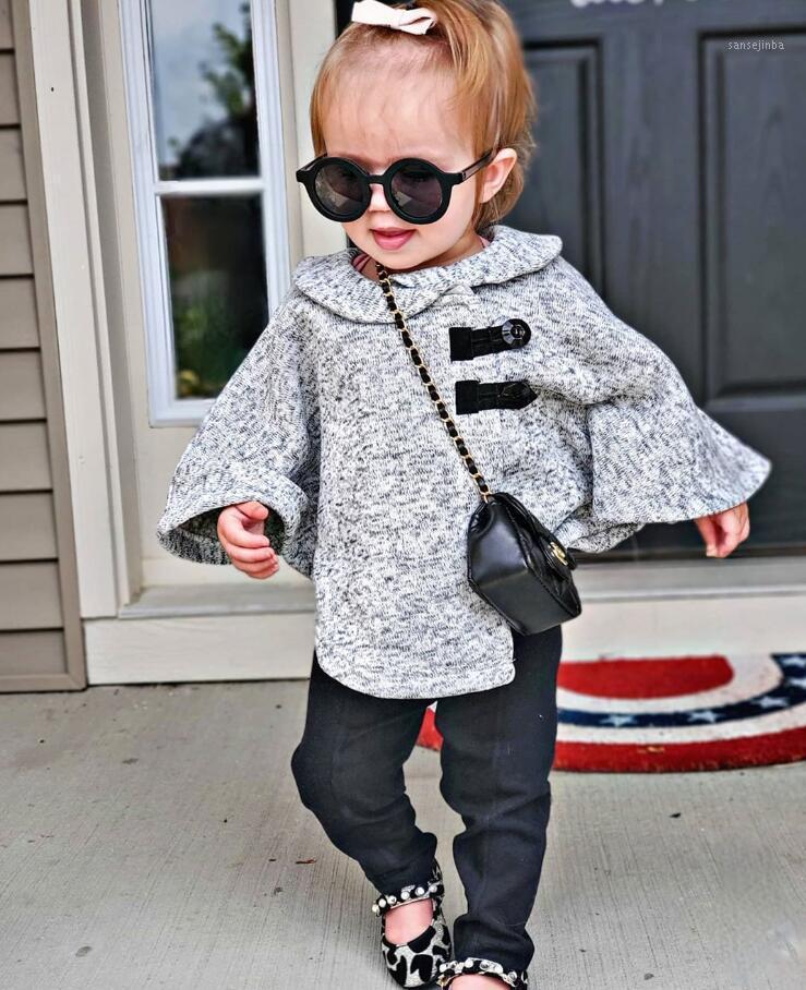 

1-6Y Baby Kid Irregular Jacket with Flared Sleeves Button Decoration Simple Solid Color Autumn and Winter Clothing1, As pic