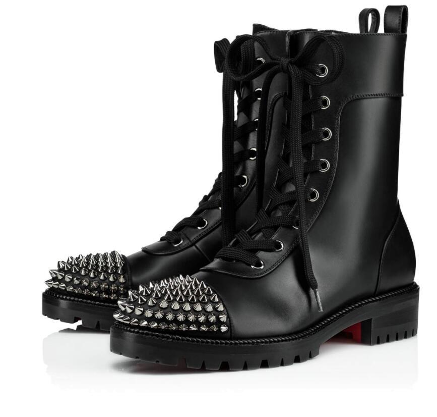 

Fashion Winter TS Knight Boots Women Red Bottom Ankle Boots Lady Booties Black Leather Spikes High Heels Bottes Motorcycle Combat Boot