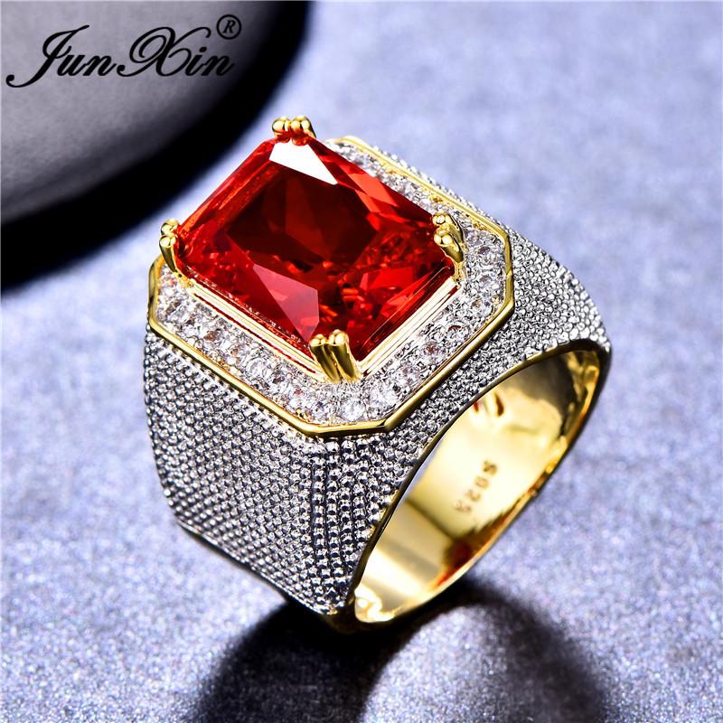 

2020 New Fashion Big Male Red Geometric Ring With Zircon Stone 18KT Yellow Gold Filled Large Wedding Rings For Men