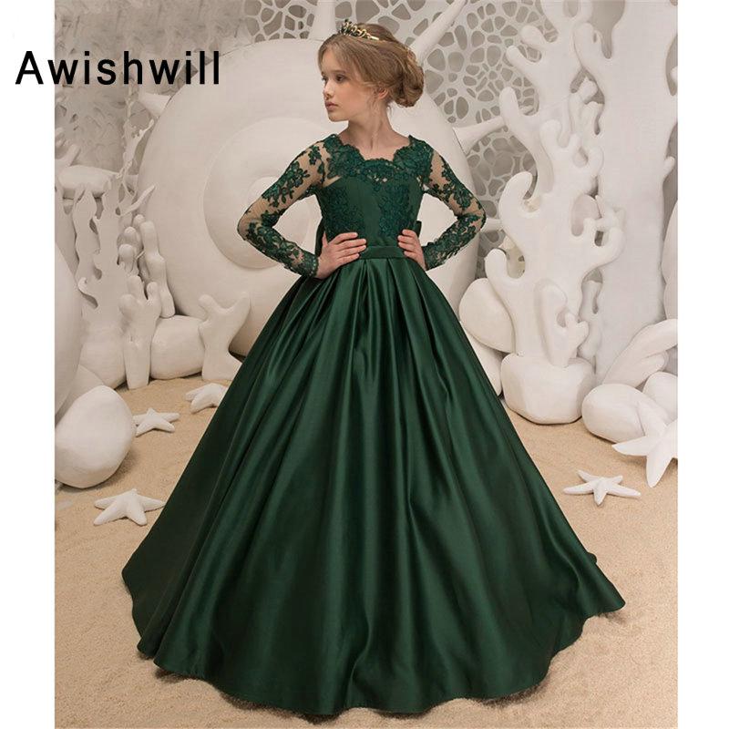 

Emerald Green Long Sleeves Flower Girl Dress A-Line Applique Satin With Bow Kids Party Dress Holy Communion Dresses, Black