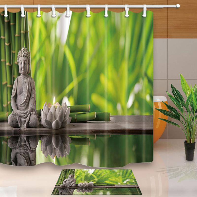 

Bathroom Shower Curtains Buddha Statue Bamboo Bath Screens Home Decor Polyester Fabric Waterproof and Mildew Proof with 12 Hooks