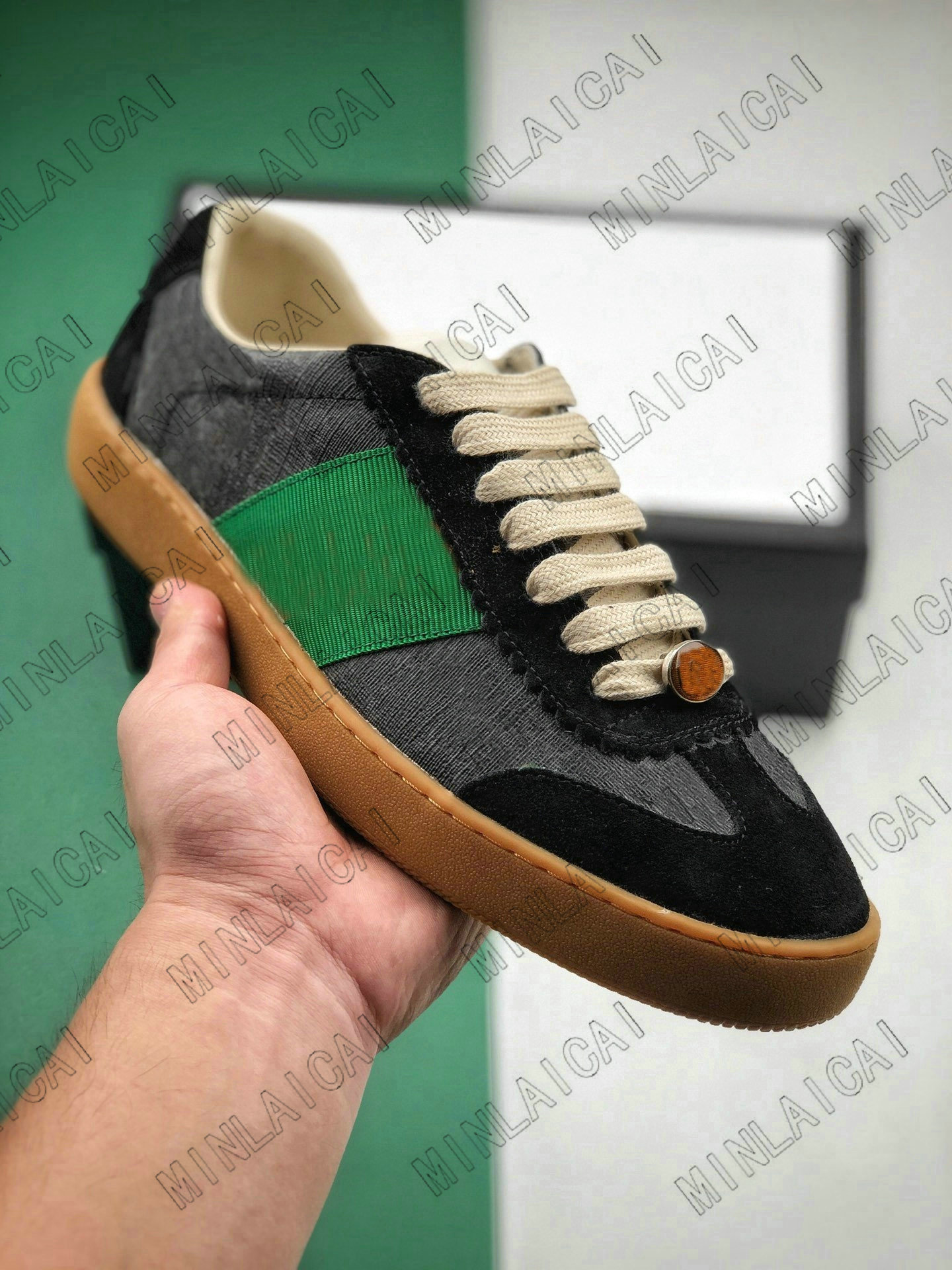 

Mens Embroidered Distressed Leather Screener Ace Green Red Stripe Italy Sneakers Designers Trainers Lace Up Low Cut Casual Shoes, For box fees only;dont pay it alone