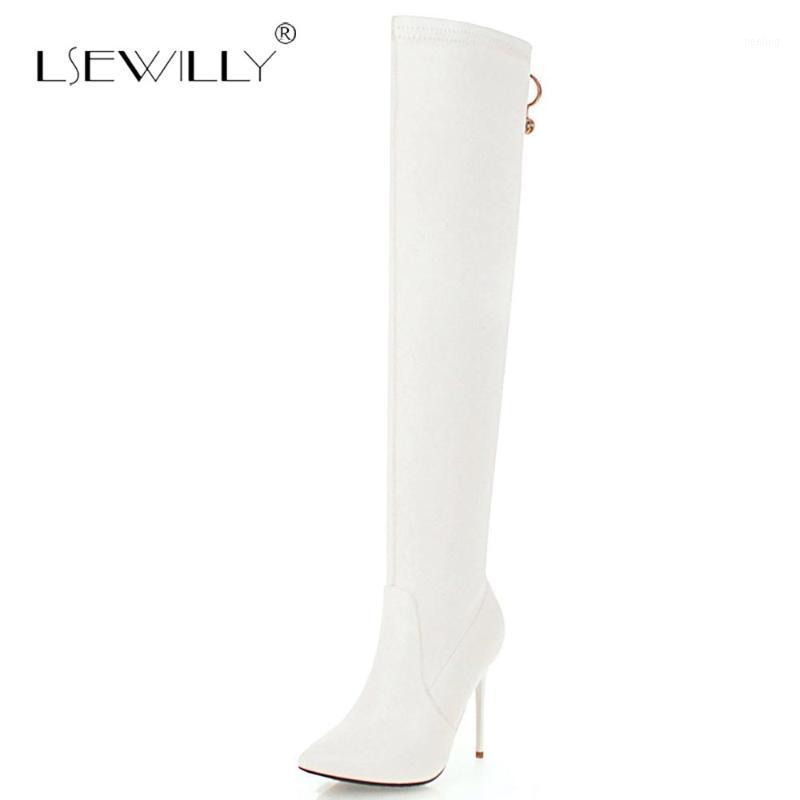

Lsewilly Over The Knee Boots Winter Pointed Toe Warm Women Boots Lady Stretch Fabric Slip On Fashion Long Botas Shoes S9261, Black