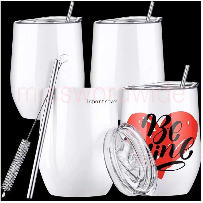 

12oz Sublimation Blank Wine Tumbler Cup Heat Transfer Double Wall Insulated Tumblers with Stainless Steel Straw Lid White Sf2b20