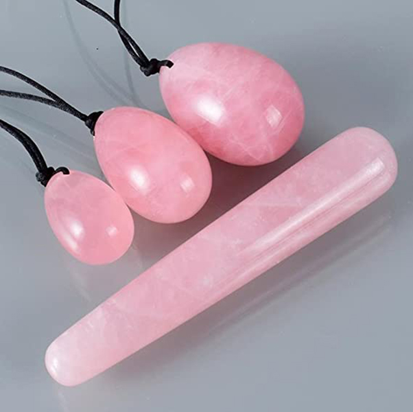 

4Pcs Set Jade Yoni Eggs Drilled Natural Rose Quartz Crystal Jade Eggs Massage Stone + 1 Pcs Massage Stick for Women Kegel Exercise