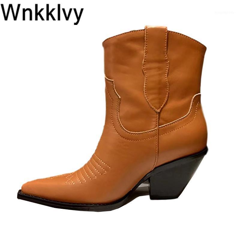 

Autumn Winter shoes High Heel short boots women pointed toe genuine leather slip on ankle botas feminina westren cowboy boots1, Black